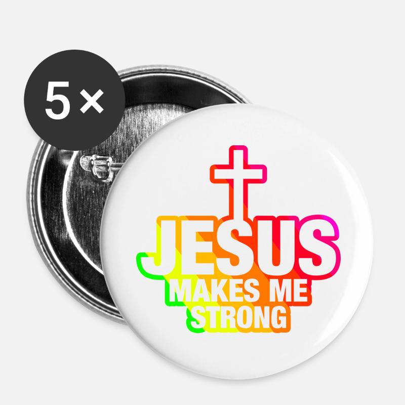 Jesus makes me strong -multicoloured- - Buttons groß 56 mm (5er Pack) - Weiß