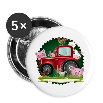 lustige Bauernhof Tiere mit rotem Traktor - Buttons groß 56 mm (5er Pack) - Weiß - Vorne