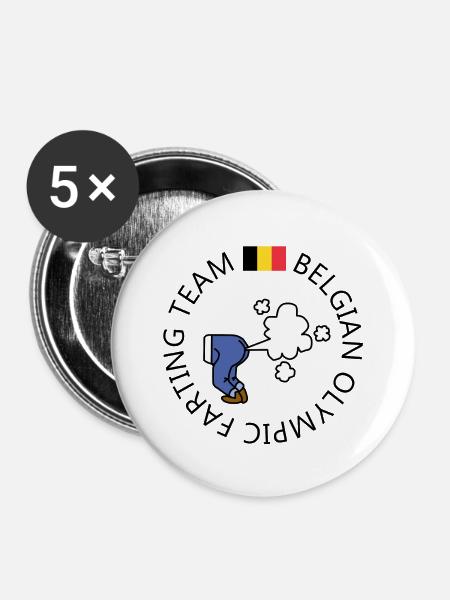 Belgisches Furzteam - Buttons groß 56 mm (5er Pack) - Weiß