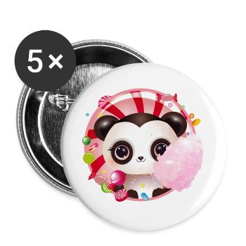 niedlicher Panda Bär mit Zuckerwatte & Süßigkeiten - Buttons groß 56 mm (5er Pack) - Weiß - Vorne