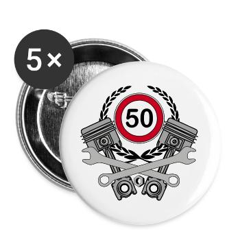 50. Geburtstag ,50 Jahre ,Garage,Schrauber KFZ(25) - Buttons groß 56 mm (5er Pack) - Weiß - Vorne