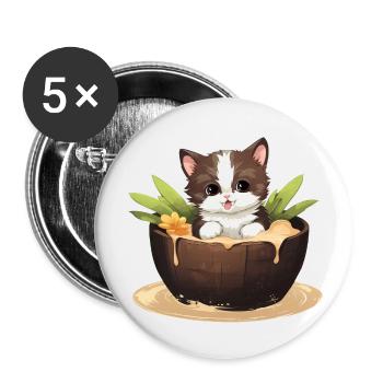 Katze mit Kokosnuss, Süßes Sommerdesign - Buttons groß 56 mm (5er Pack) - Weiß - Vorne