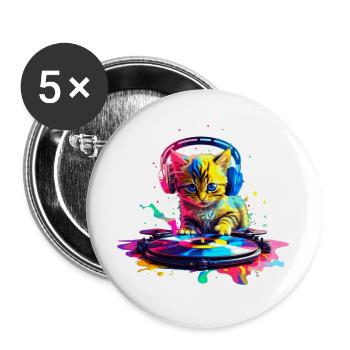 Kätzchen DJ - Regenbogen - Buttons groß 56 mm (5er Pack) - Weiß - Vorne