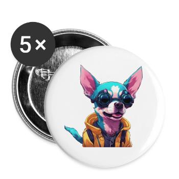 TechTails // Cyberpunk Hund - Buttons groß 56 mm (5er Pack) - Weiß - Vorne