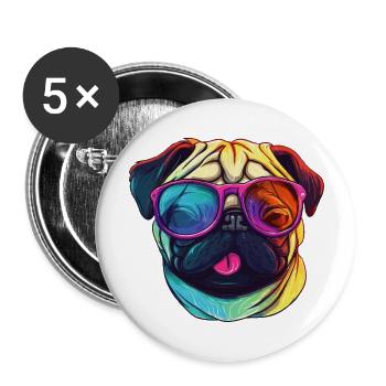 Mops Hund mit bunter Sonnenbrille - Buttons groß 56 mm (5er Pack) - Weiß - Vorne