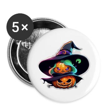 Halloween - Monster mit Hexenhut - Buttons groß 56 mm (5er Pack) - Weiß - Vorne
