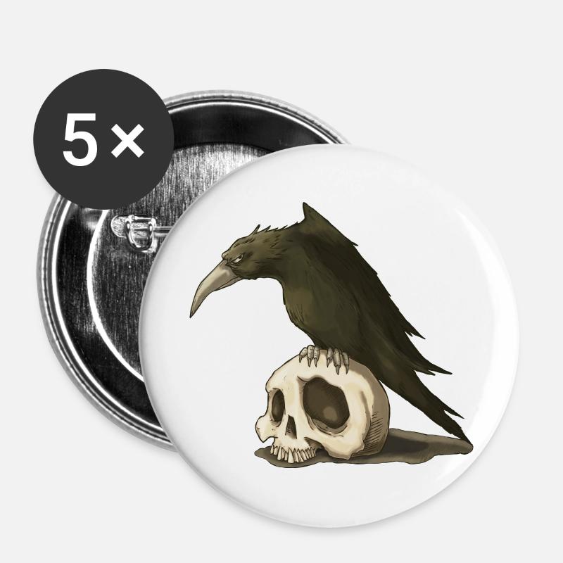 Crow and Skull - Buttons large 2.2''/56 mm (5-pack) - white