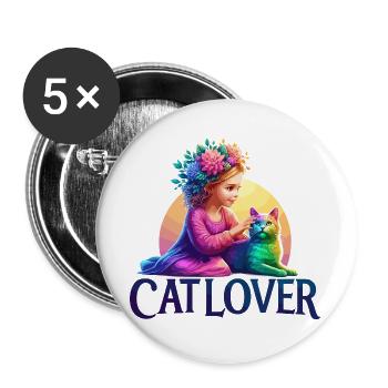 Whimsical Girl and Rainbow Cat Illustration - Buttons large 2.2''/56 mm (5-pack) - white - Front