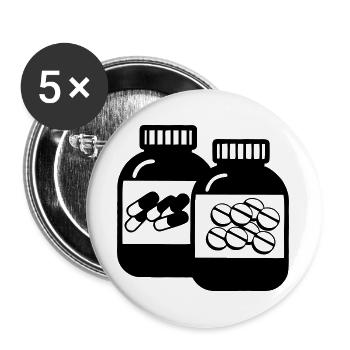 Gläser mit Kapseln und Pillen für die Apotheke - Buttons groß 56 mm (5er Pack) - Weiß - Vorne