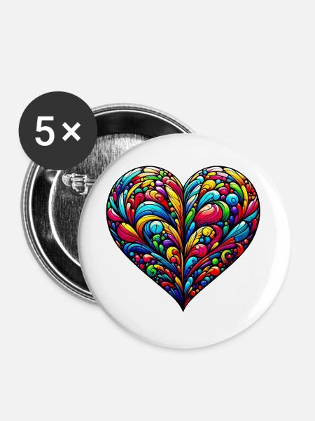 Buntes Herz - Buttons groß 56 mm (5er Pack) - Weiß