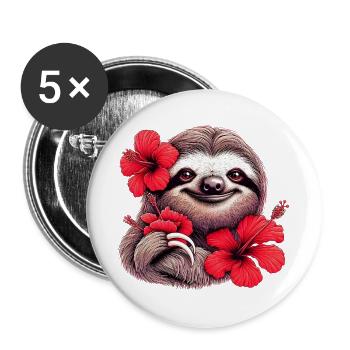 Faultier mit Hibiskusblüten - Buttons groß 56 mm (5er Pack) - Weiß - Vorne