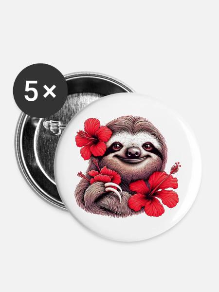 Faultier mit Hibiskusblüten - Buttons groß 56 mm (5er Pack) - Weiß