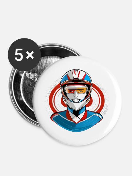 Rennfahrer mit Helm - Buttons groß 56 mm (5er Pack) - Weiß