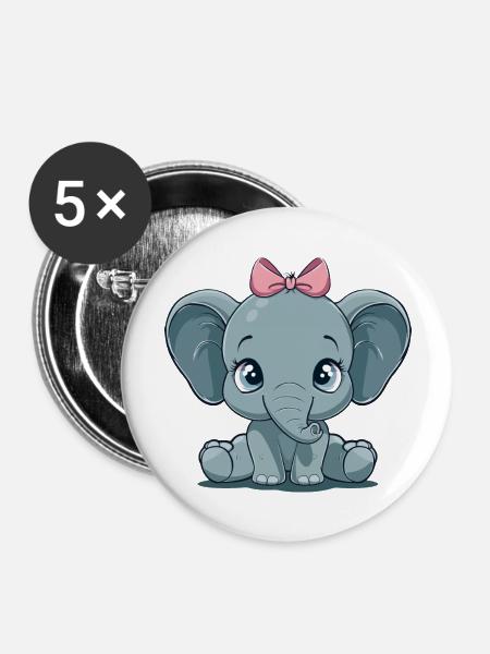 Süßer Babyelefant mit Rosaschleife - Buttons groß 56 mm (5er Pack) - Weiß