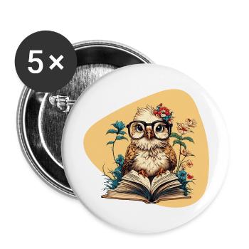 Owl with book - Buttons large 2.2''/56 mm (5-pack) - white - Front