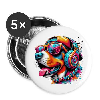 Hund DJ Hut und Sonnenbrille hört Musik - Buttons groß 56 mm (5er Pack) - Weiß - Vorne