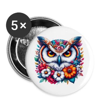 Hibou décoré de fleurs - Lot de 5 grands badges (56 mm) - blanc - Devant