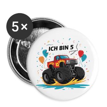 Monster Truck - Ich bin 5 - Einzigartiges Geschenk - Buttons groß 56 mm (5er Pack) - Weiß - Vorne