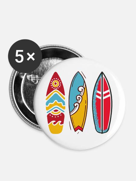Drei Pop-Art-Surfbretter - Buttons groß 56 mm (5er Pack) - Weiß