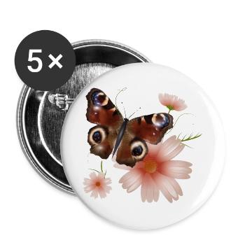 Papillon paon oeil avec des fleurs roses - Lot de 5 grands badges (56 mm) - blanc - Devant