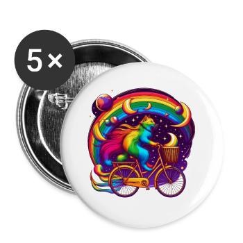 Katze auf einem Fahrrad in Regenbogenfarben - Buttons groß 56 mm (5er Pack) - Weiß - Vorne