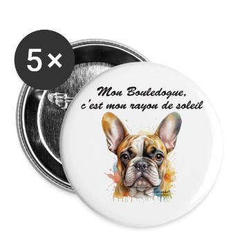 Bouledogue rayon de soleil - Lot de 5 grands badges (56 mm) - blanc - Devant