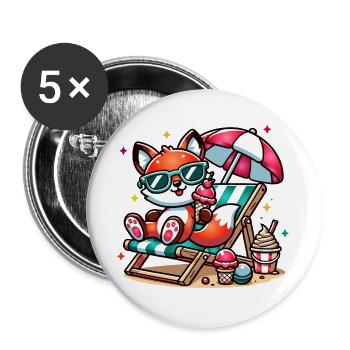 Cheerful cartoon fox on the beach on a lounger - Buttons large 2.2''/56 mm (5-pack) - white - Front
