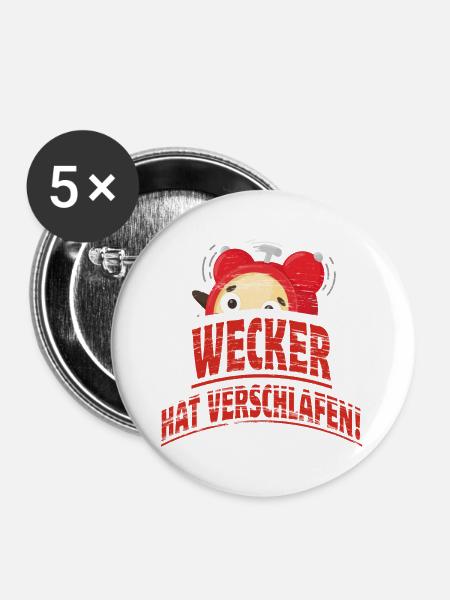 Wecker hat verschlafen - Buttons groß 56 mm (5er Pack) - Weiß