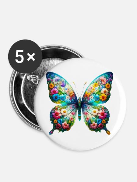 Schmetterling mit Blumen verziert - Buttons groß 56 mm (5er Pack) - Weiß