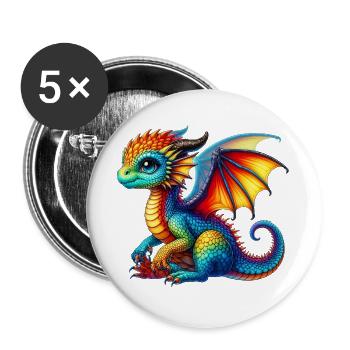 Drache - Buttons groß 56 mm (5er Pack) - Weiß - Vorne