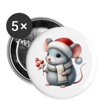 Cute Mouse with Santa Hat and Berry Branch - Buttons large 2.2''/56 mm (5-pack) - white - Front