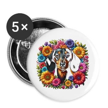 Dackel in bunten Blumen - Buttons groß 56 mm (5er Pack) - Weiß - Vorne