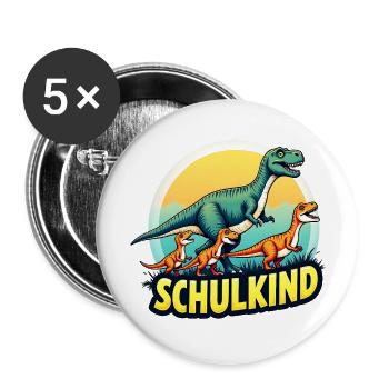 SCHULKIND Dinosaurier T Rex Shirt Dino Einschulung - Buttons groß 56 mm (5er Pack) - Weiß - Vorne