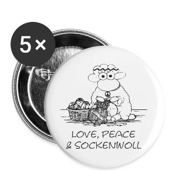 love peace & sockenwoll - Hippie-Schaf - Buttons groß 56 mm (5er Pack) - Weiß - Vorne