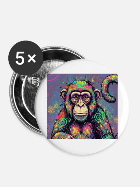 Psychedelisches Affen Design - Buttons groß 56 mm (5er Pack) - Weiß