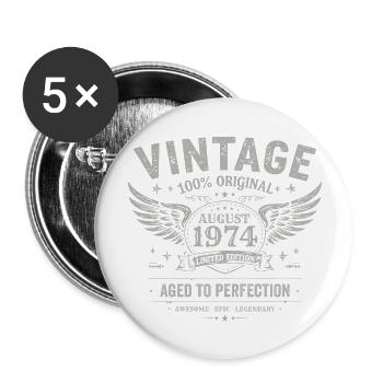 Né en Août 1974, Construit Août 1974 - August 1974 - Lot de 5 grands badges (56 mm) - blanc - Devant