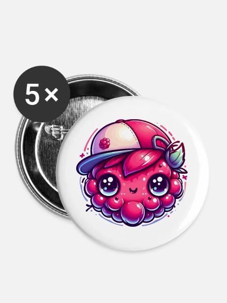 Himbeere Kawaii mit bunter Kappe - Buttons groß 56 mm (5er Pack) - Weiß