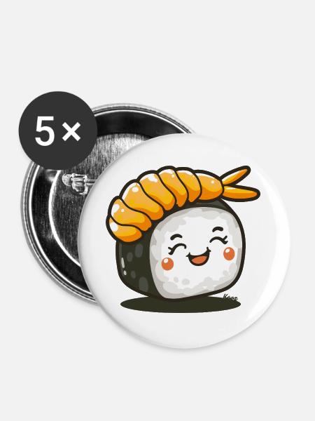 Sushi-Rolle mit Garnele - Buttons groß 56 mm (5er Pack) - Weiß