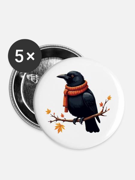 Herbstkrähe im Schal - Buttons groß 56 mm (5er Pack) - Weiß