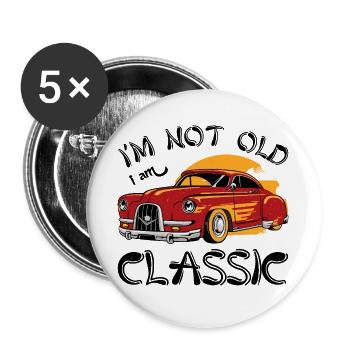 Roter Oldtimer mit Sunset Design - Buttons groß 56 mm (5er Pack) - Weiß - Vorne