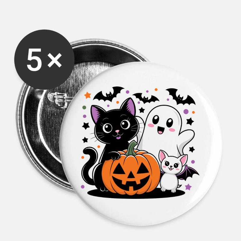 Halloween Geist und Katze mit Kürbis - Buttons groß 56 mm (5er Pack) - Weiß