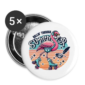Rollin through Summer - Flamingo mit Rollschuhen - Buttons groß 56 mm (5er Pack) - Weiß - Vorne