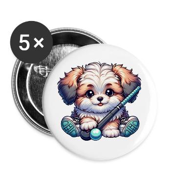 Cute dog with field hockey stick and ball - Buttons large 2.2''/56 mm (5-pack) - white - Front