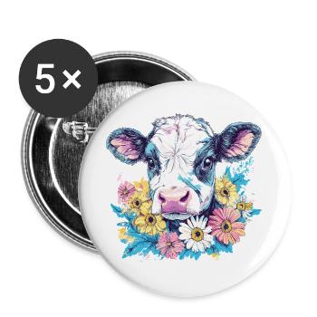 Kuh mit Blumenkranz in leuchtenden Farben - Buttons groß 56 mm (5er Pack) - Weiß - Vorne