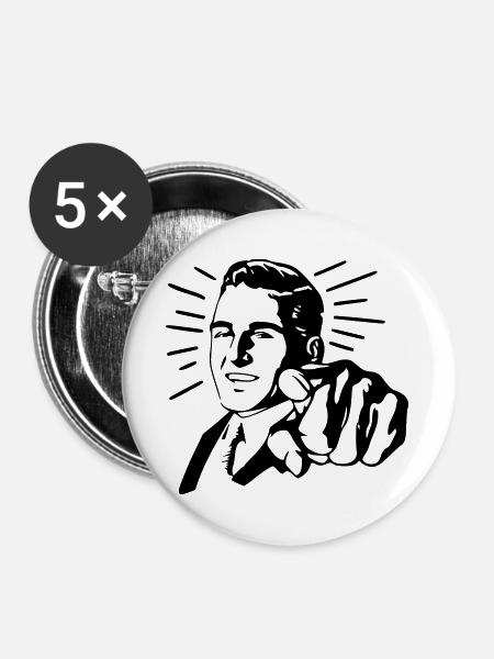 Zeigender Mann - Buttons groß 56 mm (5er Pack) - Weiß