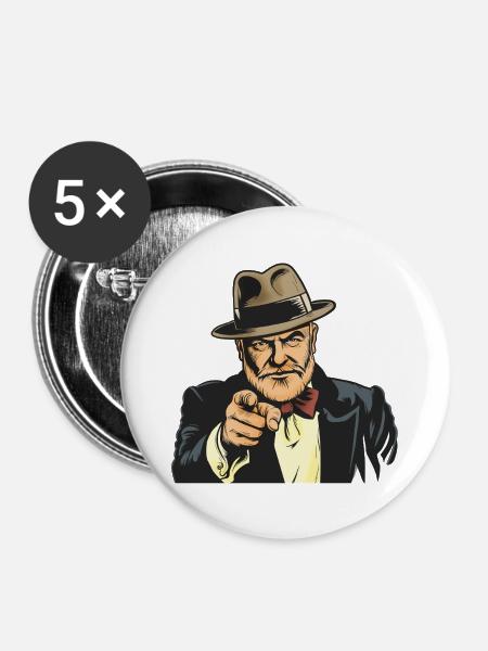 Zeigender Gangster im Fedora - Buttons groß 56 mm (5er Pack) - Weiß