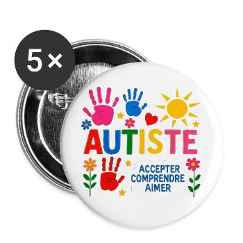Autiste Cadeau Autisme Inclusion Neurodiversité - Lot de 5 grands badges (56 mm) - blanc - Devant