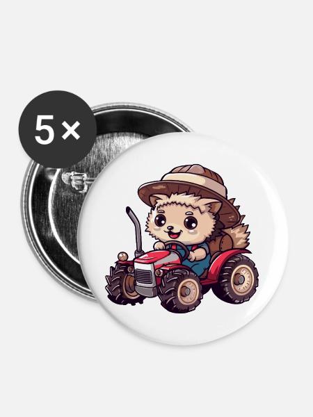 Igel Traktor Farmer - Buttons groß 56 mm (5er Pack) - Weiß