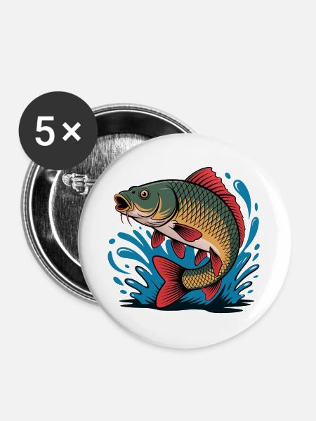 Springender Karpfen - Buttons groß 56 mm (5er Pack) - Weiß