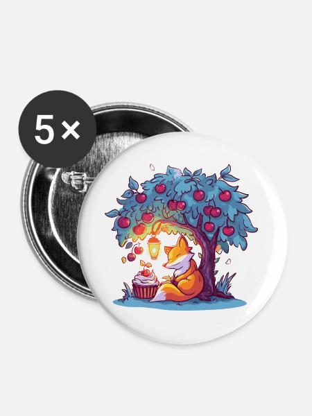 Kirschenbaum-Fuchs bei Laterne - Buttons groß 56 mm (5er Pack) - Weiß